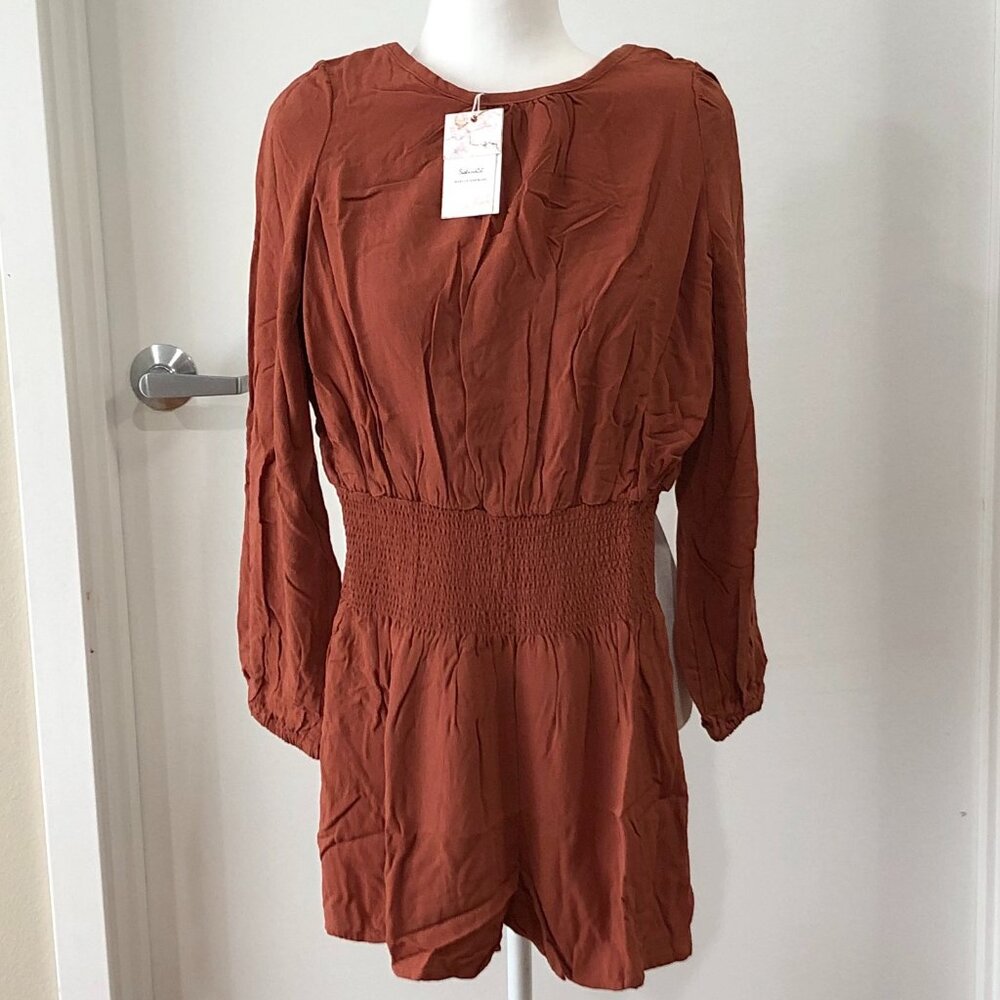 SPLENDID x Cella Jane Viscose Romper Smock Waist Open Tie Back Long Sleeve XS